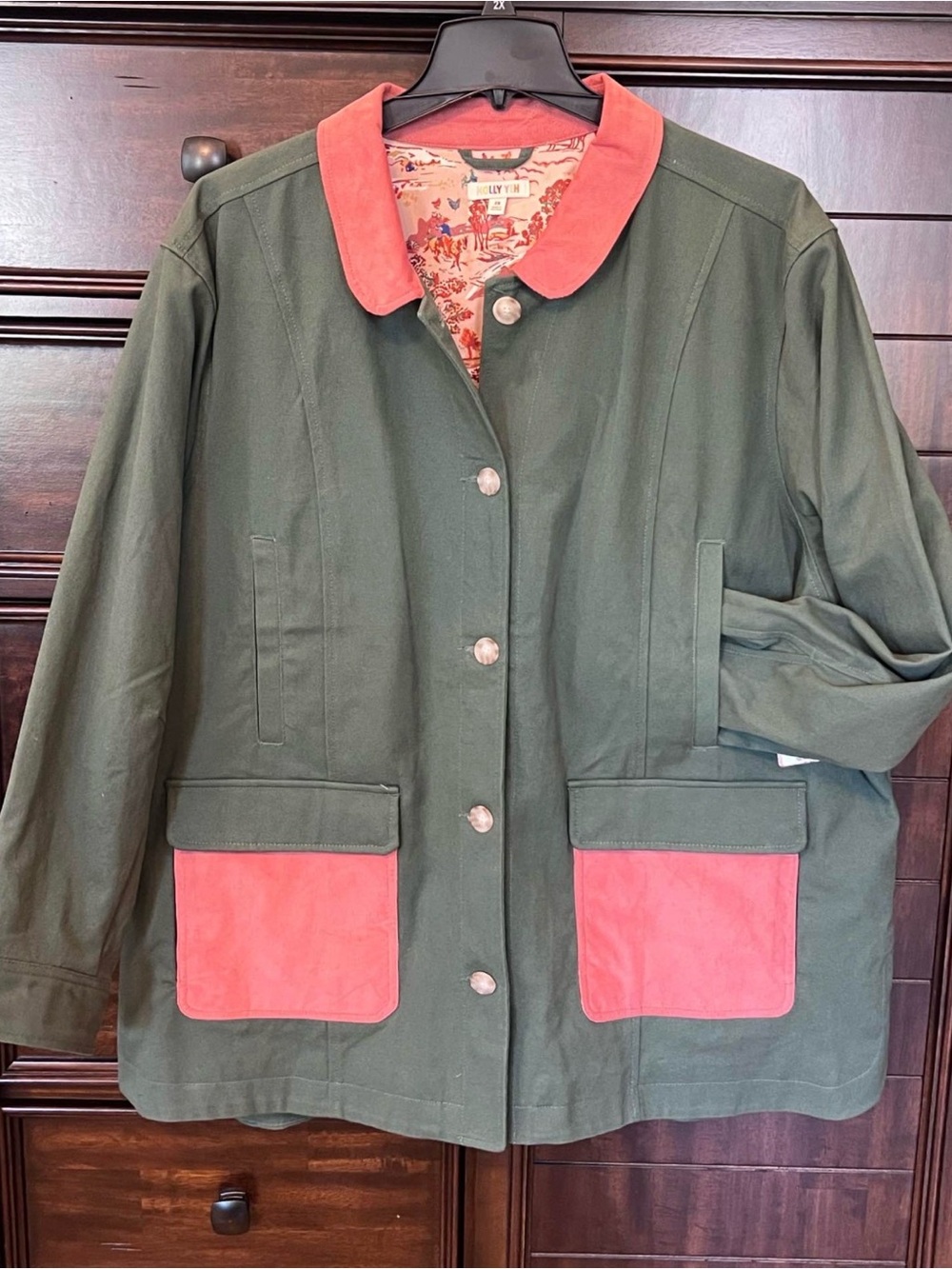 Size 2X- Molly Yeh olive green barn coat - pink corduroy collar, pockets